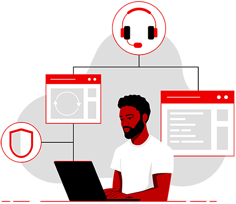 Illustration of a dev sitting at their laptop. A stylized image of the partner portal and training tools, a shield, and a headset appear connected behind the dev..