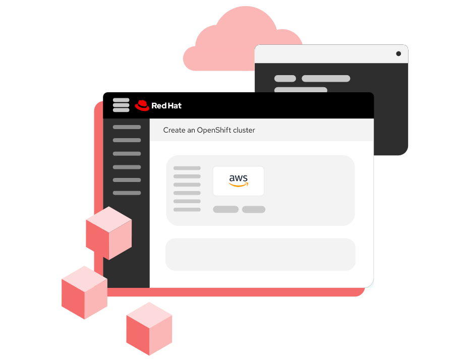 An illustration of a browser on a Red Hat page with AWS inside it. Cubes float in front of the browser and clouds float in the background