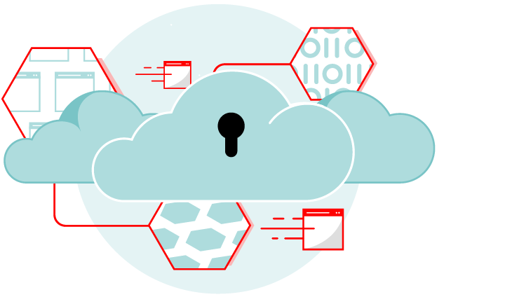 Managed cloud services illustration, hex shaped containers with apps, platforms, and data inside moving through multiple clouds 