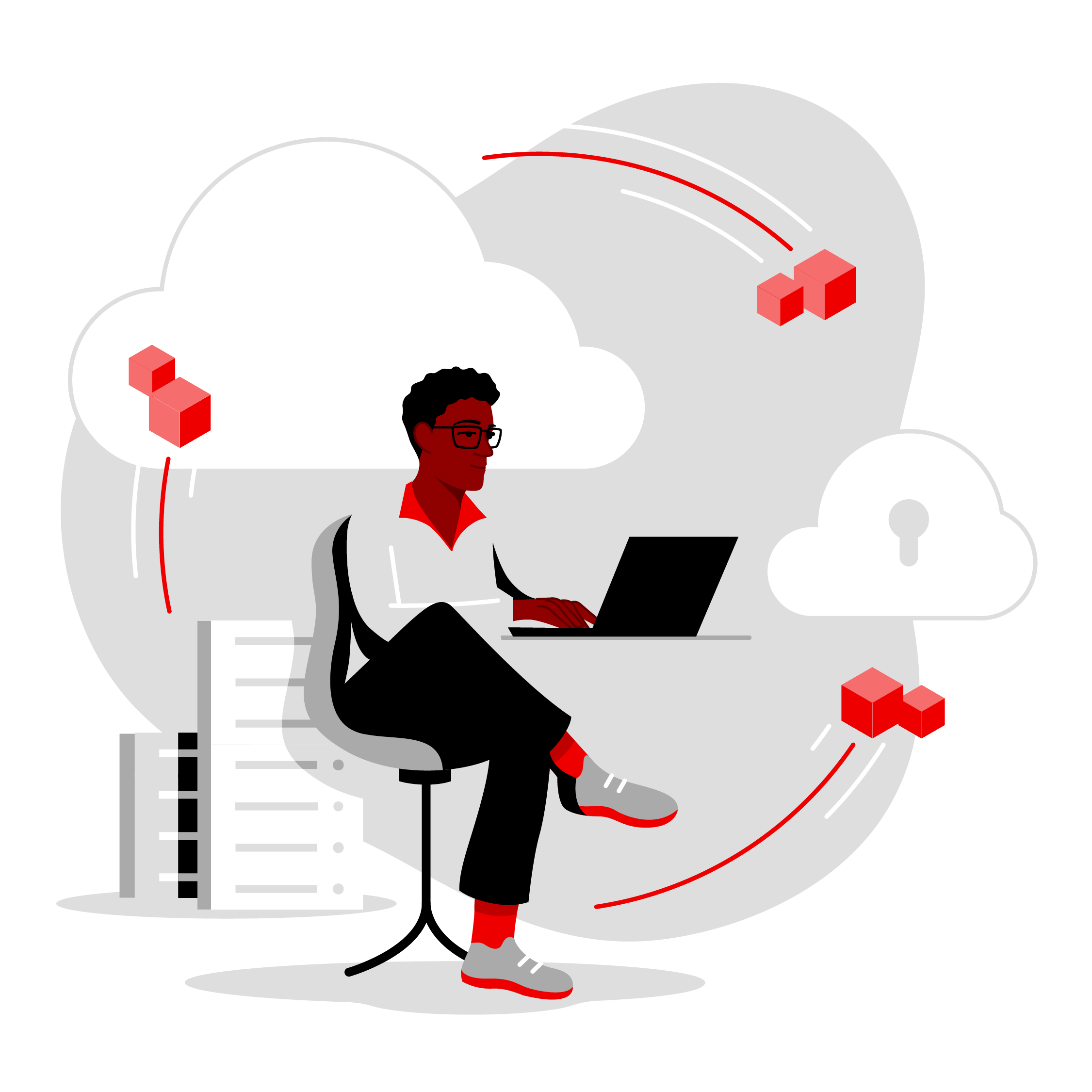 Open hybrid cloud technology illustration. Developer sits with a computer, the apps he is deploying are cubes that whirl around his head and the clouds