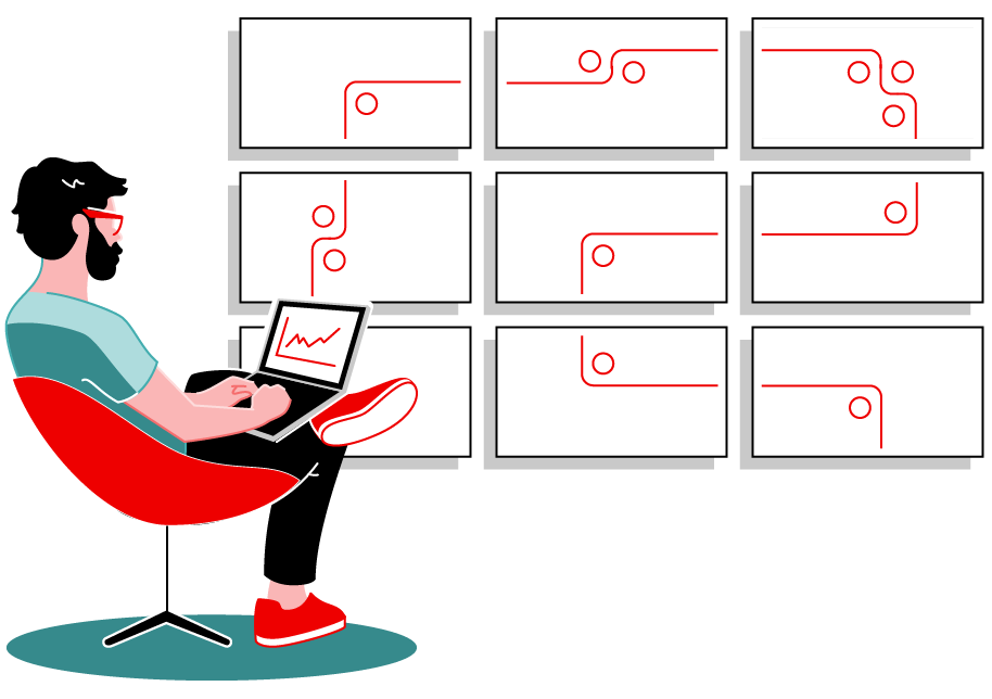 A partner customer working on their laptop sitting in a chair that sits in front of nine screens forming a rectangle. Inside the monitors, a conveyor belt, Red Hat's symbol for automation runs through them.