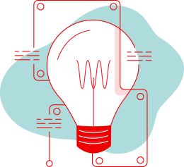 Illustration of a lightbulb surrounded and connected to the conveyor belt with a blue blob behind it all