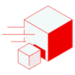 A small cube next to a large cube. The large cube has lines trailing behind it like it is moving fast.