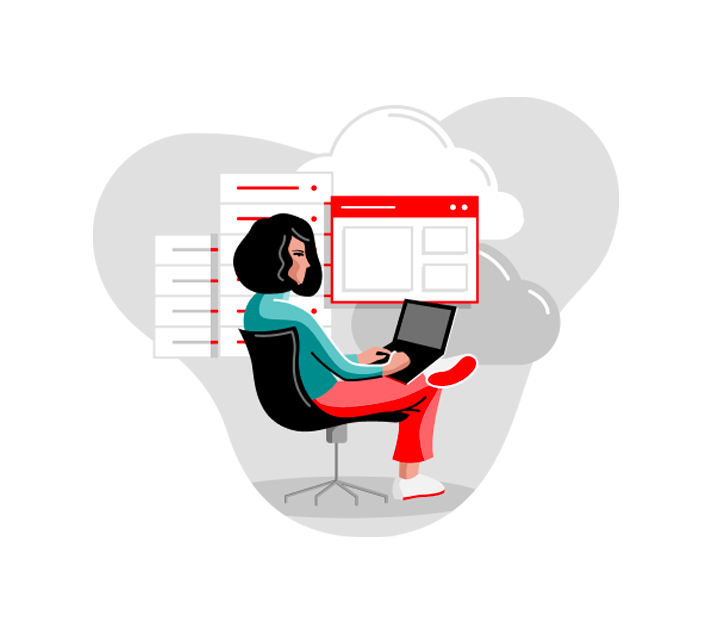 A developer sitting in a swivel with a laptop on her lap. Floating in the background are clouds, servers, and applications