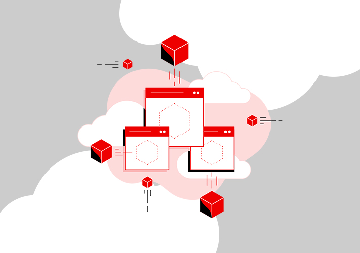 Application windows with containers moving towards and away from the center