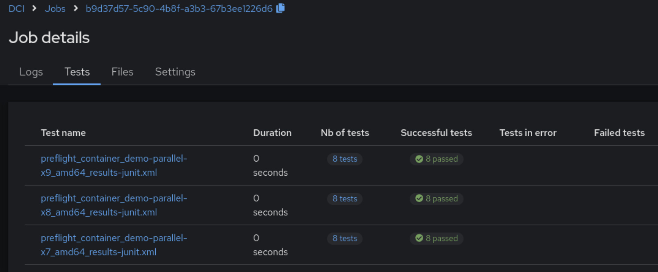 Example of the preflight checking test results from DCI Job Server