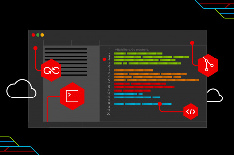 OpenShift GUI with graphics depicting clouds, containers, and devops