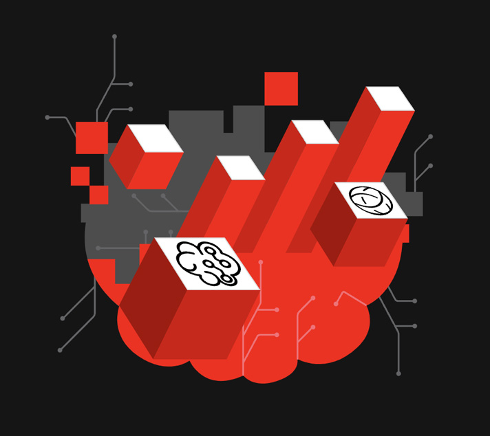 Abstract illustration with red and gray 3D geometric shapes, circuit-like lines, and icons of a cloud and a clock on cubes, set against a black background.