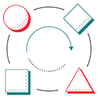 Four shapes equally distributed around a circle with a second circle inside that begins with an arrow head and ends in dots