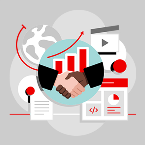 Two figures engaging in a handshake over a chart, illustrating teamwork and shared goals in a corporate environment.