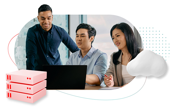 people sit around a laptop collaboration. An illustration of a server floats in the foreground, while an illustration of a cloud floats off to the side.