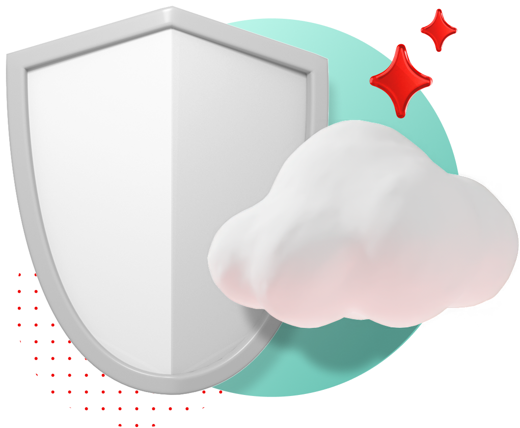 shield and cloud hover over a teal circle