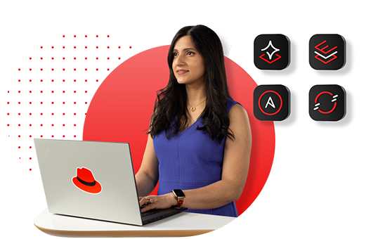Partner stands looking out with her laptop open in front of her. Four product icons float off to the side.