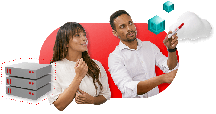 Two people working closely, collaborating. A graphic of a virtual server floats over the people along with cubes and clouds.