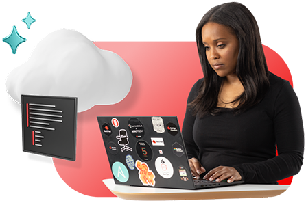 Developer sitting at her desk with her laptop out. A cloud, a code window, and sparkles hover off to the side.