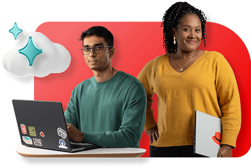 Two people confidently looking out at the user. One is at a desk with their laptop open in front of them, the other is holding their laptop.