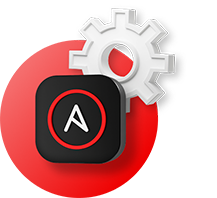 An Ansible icon in a 3d square with rounded corners sits on top of a red circle with a gear off to the side.