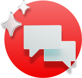 Speech bubbles hover over a red circle while white sparkles float on top.