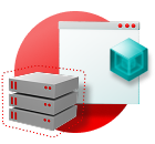 Virtual server sits in front of an app window while a cube floats in the foreground 