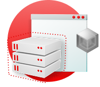 App window with a virtual server stack and cube hovering over