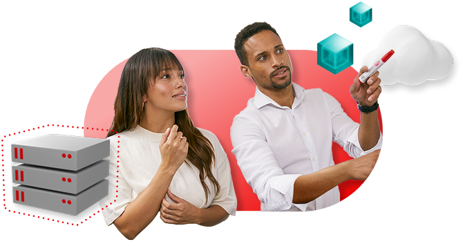 Two people working closely, collaborating. A graphic of a virtual server floats over the people along with cubes and clouds.