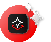An AI icon in a 3d square with rounded corners sits on top of a red circle with sparkles off to the side.