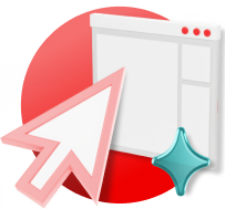 A stylized graphic of a dashboard over a red circle with a larger cursor and a small teal sparkle hovering on top. 