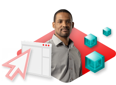 A distribution partner looks out at the view as he stands inside a diamond shape. A dashboard, oversized cursor and cubes hover on each side of him