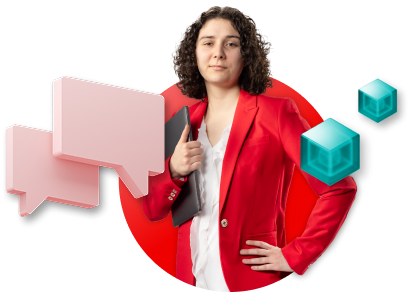 A Sell With partner looks out at the viewer as she stands inside a diamond shape. Chat bubbles and cubes hover on each side of her