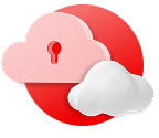 Two clouds hover over a large red circle. One cloud is flat and stylized, the other is a puffy cloud.