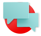 Two chat bubbles hover over a large red circle.
