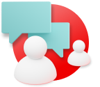 Two stylized shape that represent people with a speech bubble between them