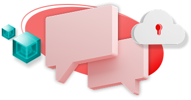 Two cubes float in space to the left of speech bubbles while a stylized cloud with a keyhole floats over the top.