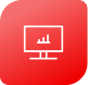 An outline drawing of a monitor with bar chart on the screen. The icon is sitting on a red shape with rounded corners