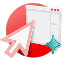 A stylized graphic of a dashboard over a red circle with a larger cursor and a small teal sparkle hovering on top. 