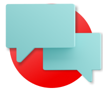 Two chat bubbles hover over a large red circle.