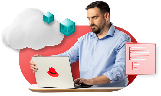 An embedded partner working on their desktop with a cloud, cubes, and a code window float nearby 