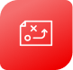 Line drawing of a game play using Xs, Os, and an arrow. The drawing sits on a red shape with rounded corners