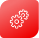 Line drawings of gears on a red shape with rounded corners