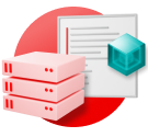 A stylized drawing of a server stack hovering over a code window while a cube floats on top of the window