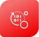A line drawing of a circle created by an arrow with 1s and 0s inside it. A smaller circle overlaps the first circle and a smaller circle floats nearby. The drawing sits on a red shape with rounded corners.