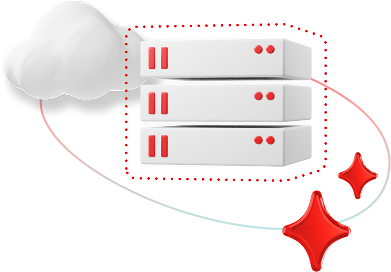 A stylized graphic of a server stack with a dotted border around the image. The server floats in the middle of an ellipse, a cloud and a couple of sparkles float on either side.