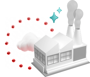 stylized representation of a factory with a cloud that is surrounded by red spheres that circle the cloud while teal sparkles float in space.