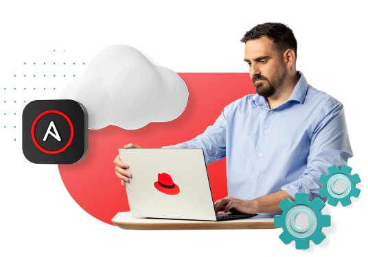 Francisco stands behind his laptop that rests on a desk with a 3D shape that has the Ansible logo on it, a cloud, and teal dots hover in space next to him.
