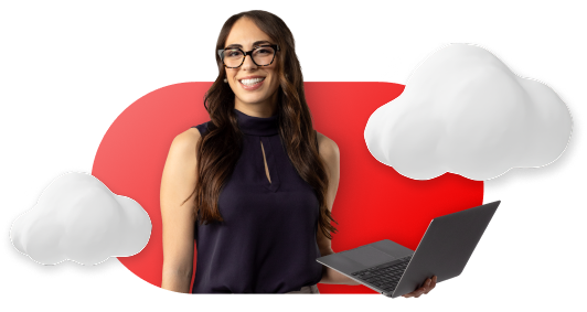 A service provider partner image breaks out of a pill shape while looking out at the audience. Two clouds hover on either side of her.