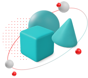 Cube, sphere and cone with oval and orbit circles around it representing different components coming together to make a technology product