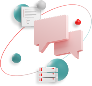 Graphic with chat windows floating above an oval and spheres with a text dialogue above and a server rack below. The graphic represents support for partners.