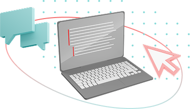 Laptop with chat windows floating to the left and a mouse cursor to the right. An oval out surrounds the laptop with a dot pattern behind.