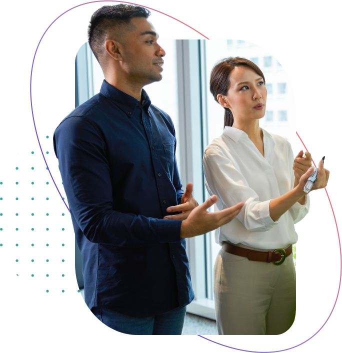 Collage of two people at a white board with a oval surrounding them and a dot pattern behind them to the left