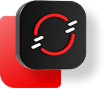 Black 3D puck with a virtualization logo on it floating above a red background